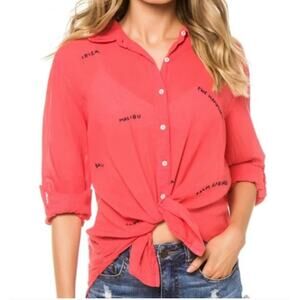 Sundry Embroidered Destinations Button Down Cotton Shirt 1 Coastal Resort Gauzy